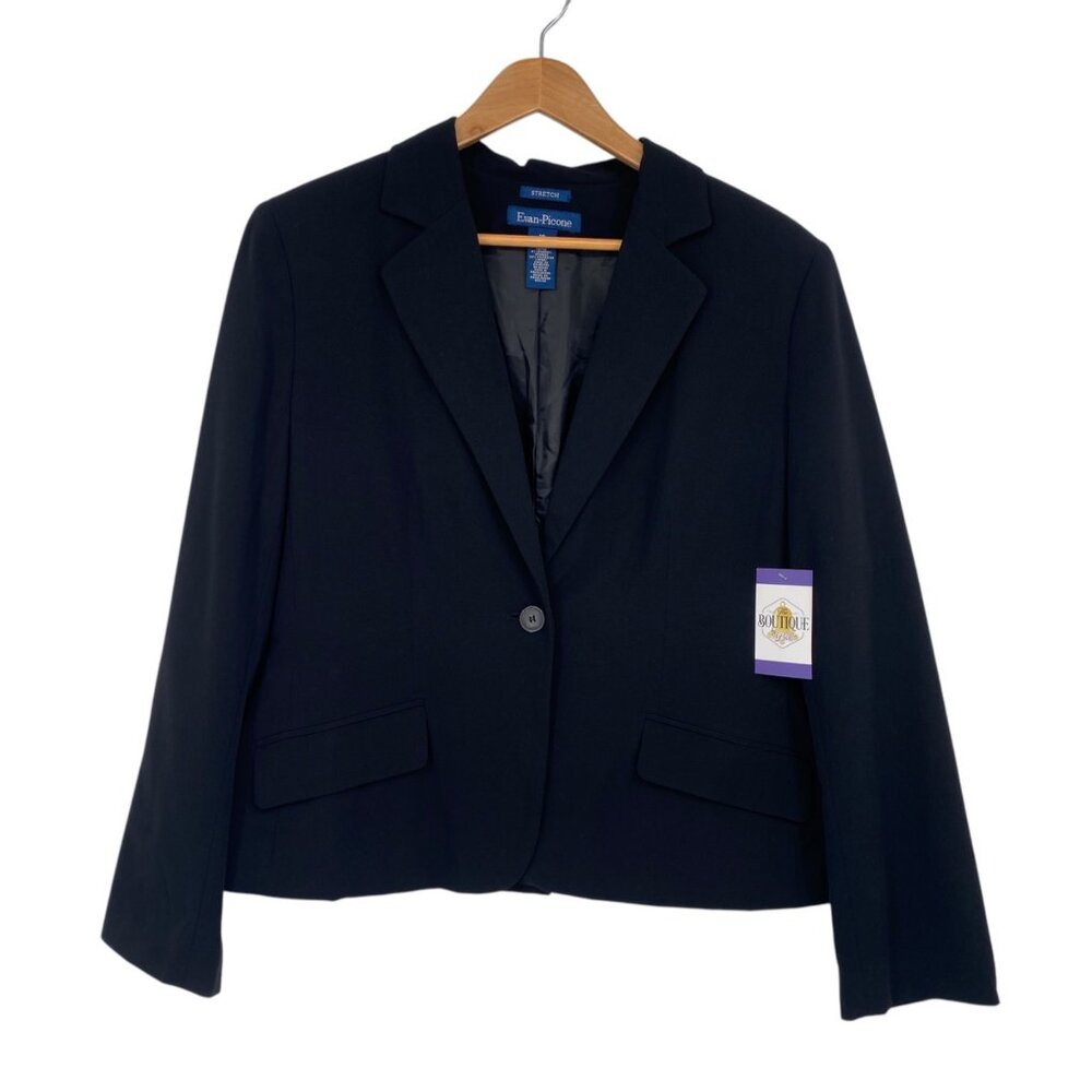 Evan-Picone Womens 16 Black Blazer Stretch Pockets Lined One Button Professional